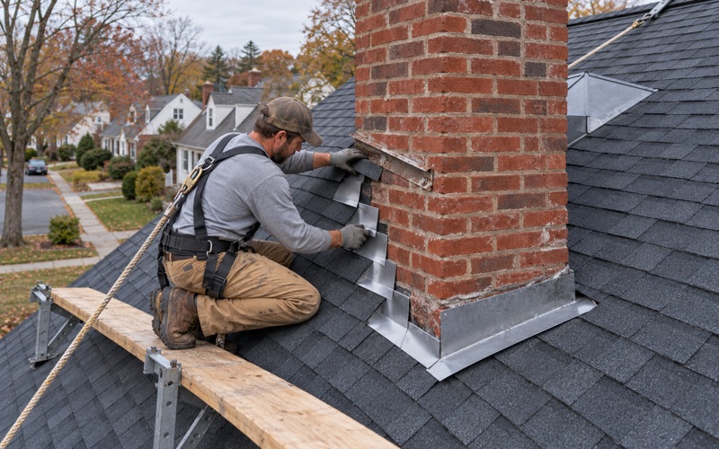 New step flashing woven into the shingles along a brick chimney on a Haverford Township Cape Cod.