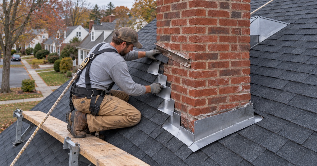 New step flashing woven into the shingles along a brick chimney on a Haverford Township Cape Cod.