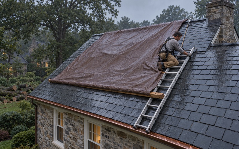 A heavy tarp held down over a hole in a slate roof in Haverford Township after a limb came through it, the limb already removed.