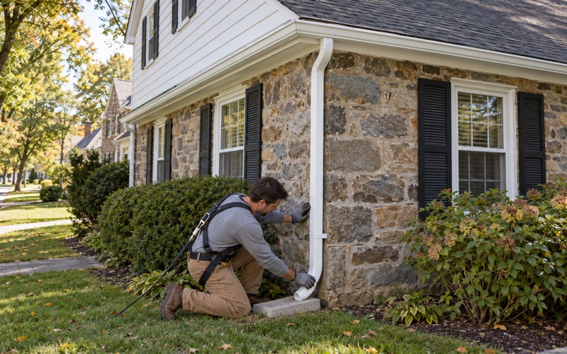 A new white seamless gutter and downspout being fitted at the corner of a stone-front colonial in Haverford Township.