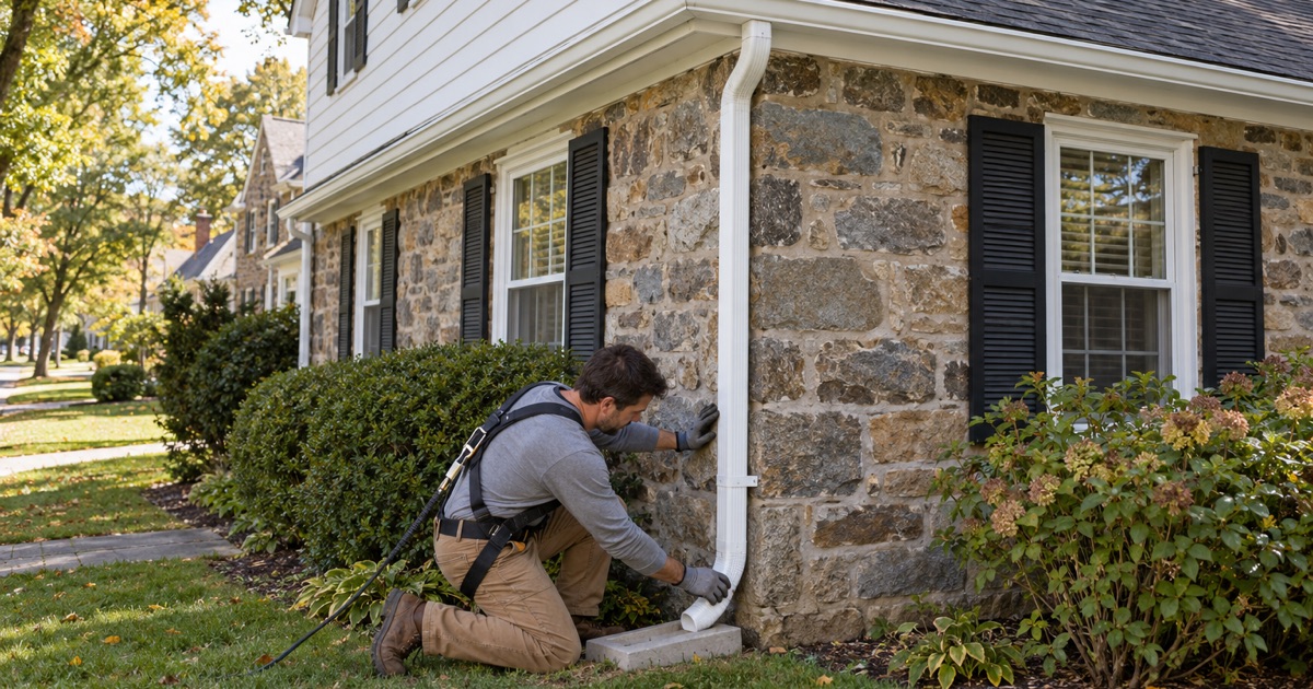A new white seamless gutter and downspout being fitted at the corner of a stone-front colonial in Haverford Township.
