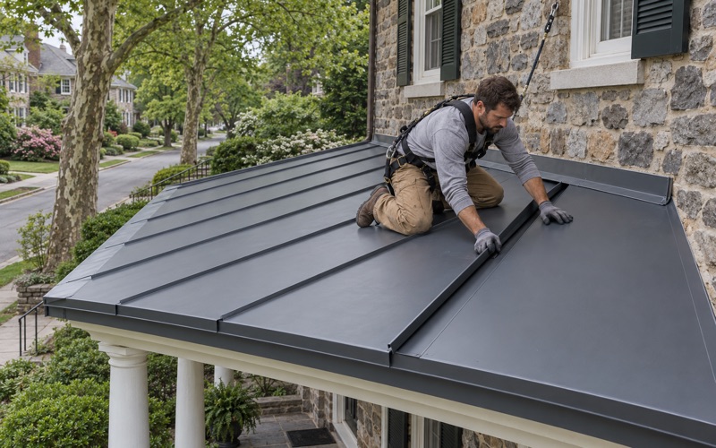 Dark gray standing-seam steel being laid on the front porch roof of a stone colonial in Haverford Township.