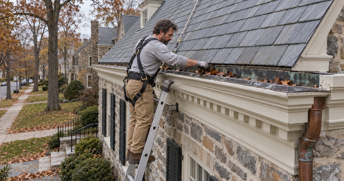 A roofer checking the built-in box gutter behind the wooden cornice of a 1920s stone colonial in Haverford Township.