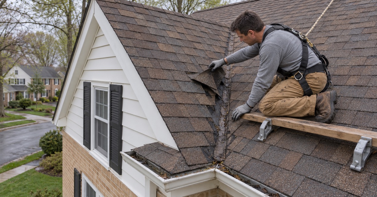 A roofer lifting shingles along a valley on a Haverford Township colonial to find where water was running under them.