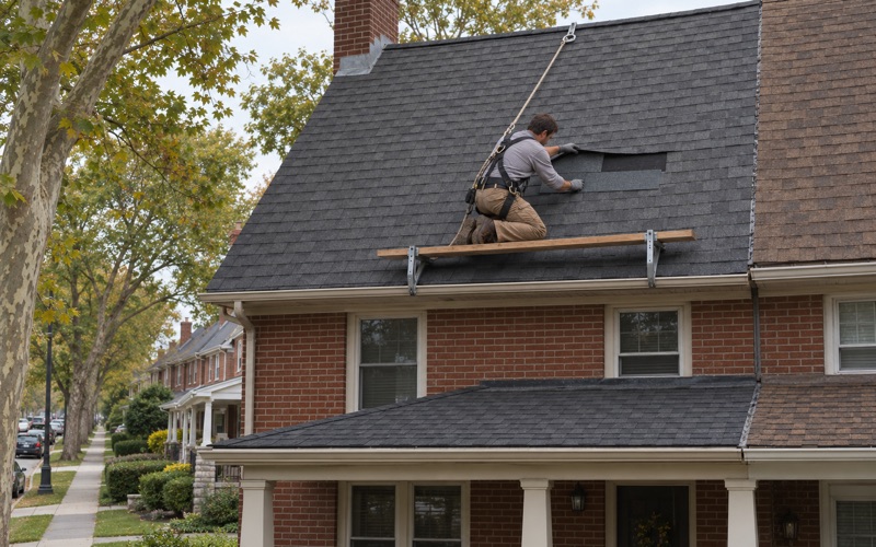 A roofer sliding a matched replacement shingle into a gap on the front roof of a brick twin in Brookline, Haverford Township.