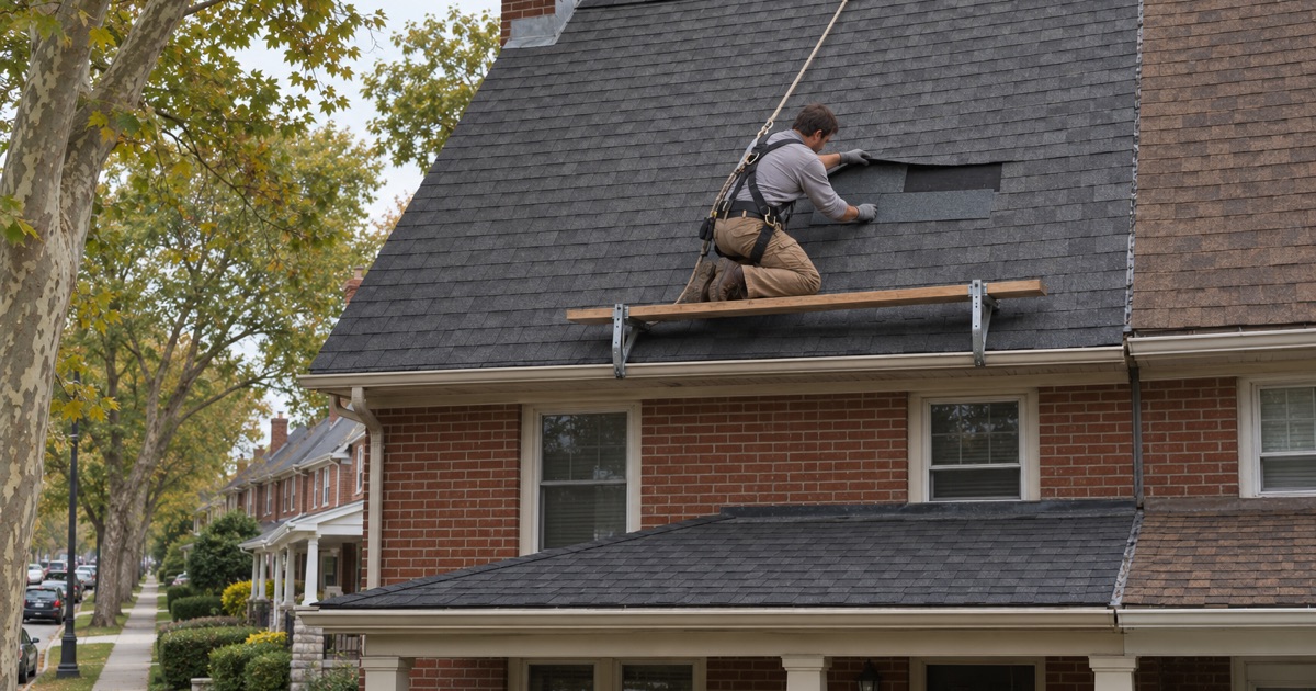 A roofer sliding a matched replacement shingle into a gap on the front roof of a brick twin in Brookline, Haverford Township.