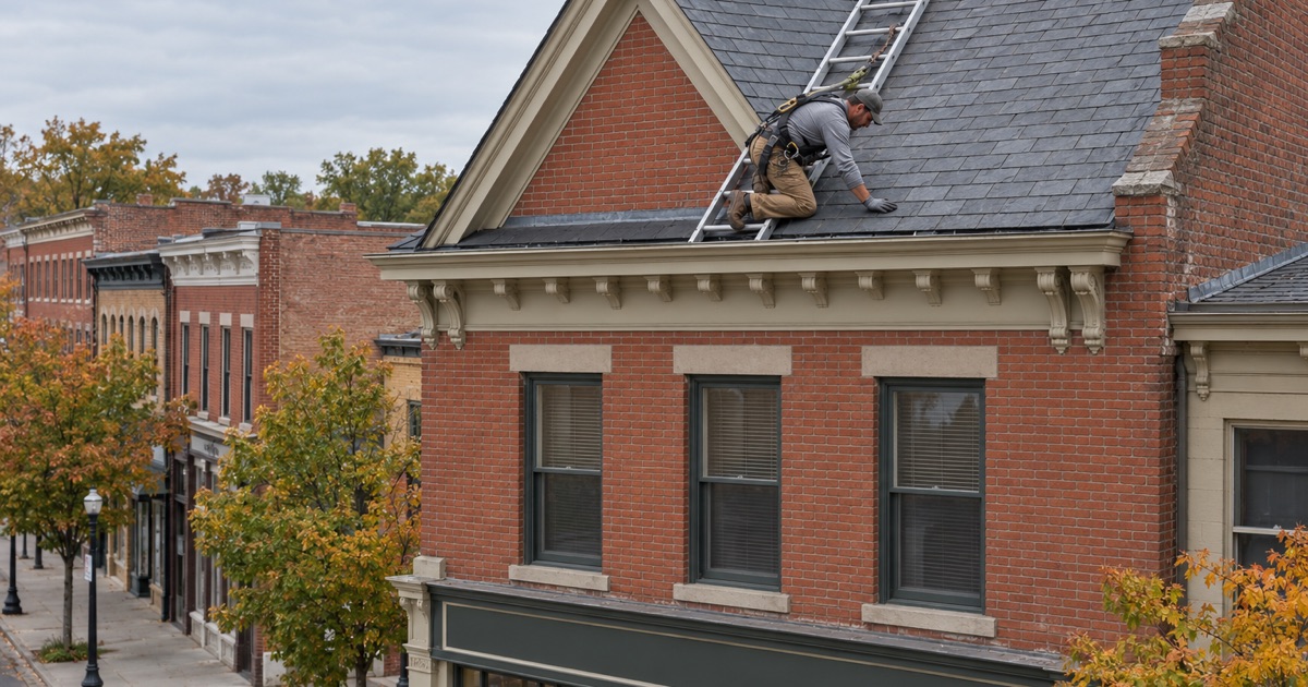 A slate roof over a brick storefront building on Ardmore’s Lancaster Avenue, where a re-roof must match the original material