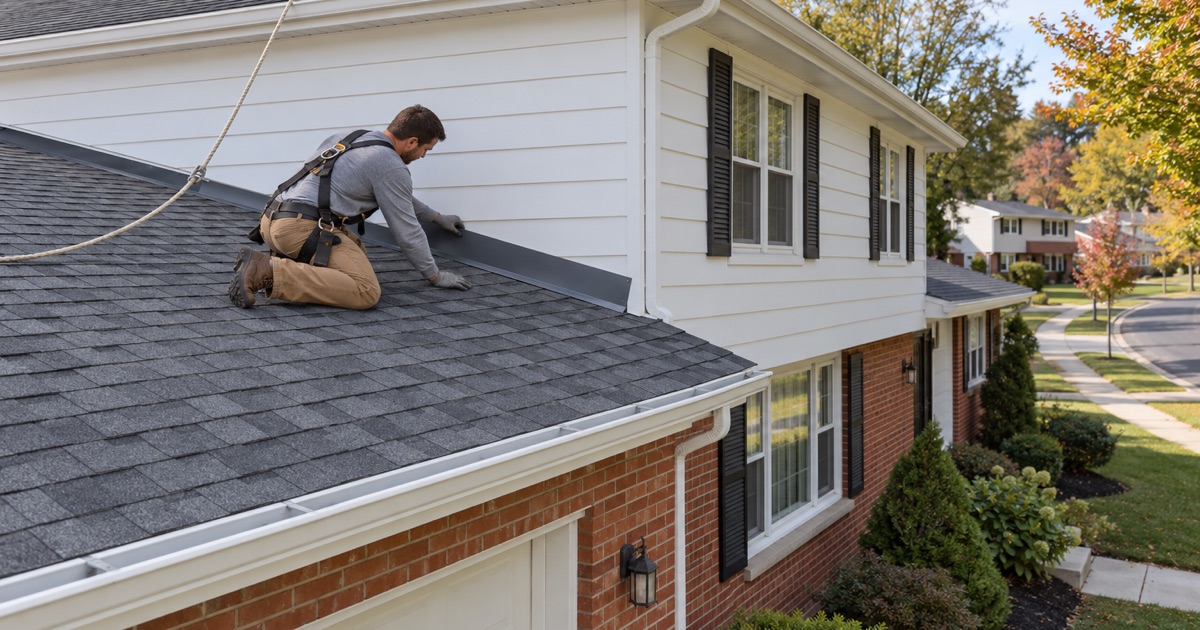A roofer fitting apron flashing where the low roof of a 1950s Broomall split-level meets the wall of its upper level.