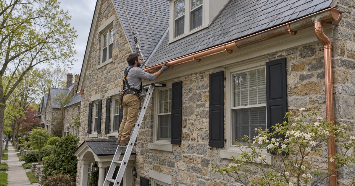A roofer hanging a new copper gutter section on a prewar stone apartment house on a Bryn Mawr village street.