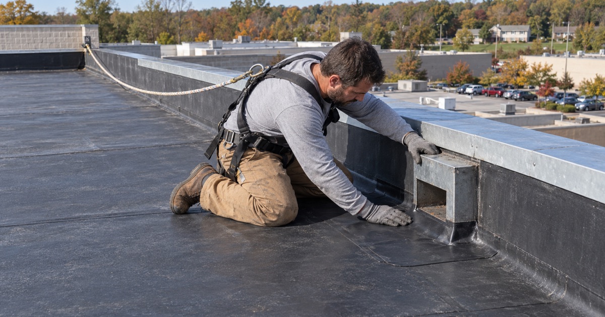 A roofer sealing the EPDM membrane at a scupper on the low-slope roof of a one-story strip building on Lincoln Highway in Caln Township.