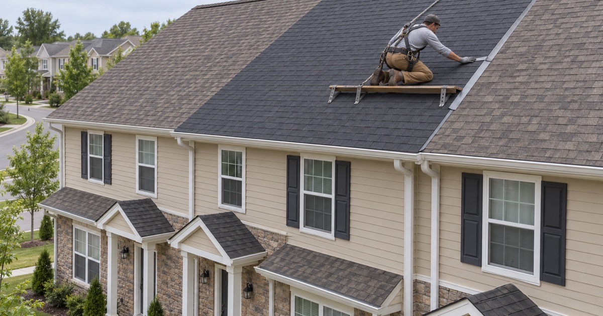 A section of roof replaced over attached condominium homes in Cinnaminson, the association’s roof to schedule