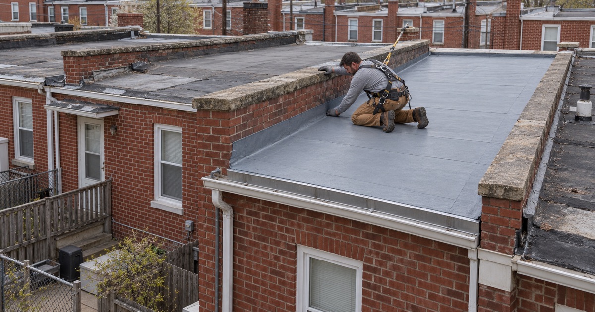 A roofer at the party wall on the low-slope rear roofs of a row of prewar brick row houses in Coatesville.