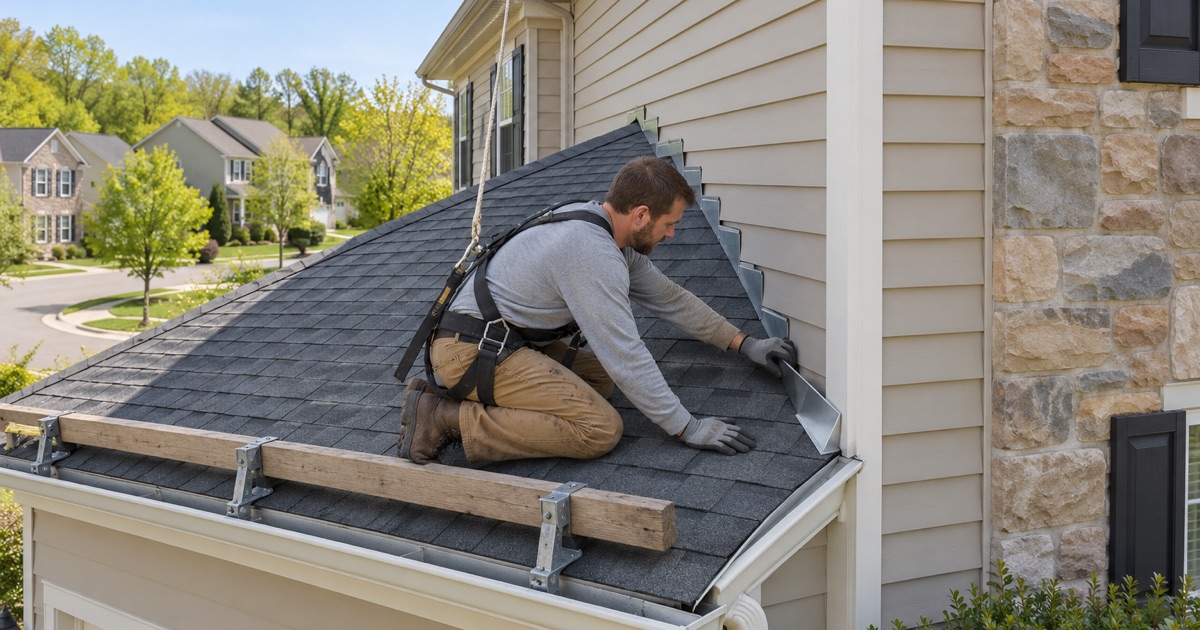 A roofer fitting a kickout flashing at the foot of a roof-to-wall joint on a 2000s colonial in Concord Township.