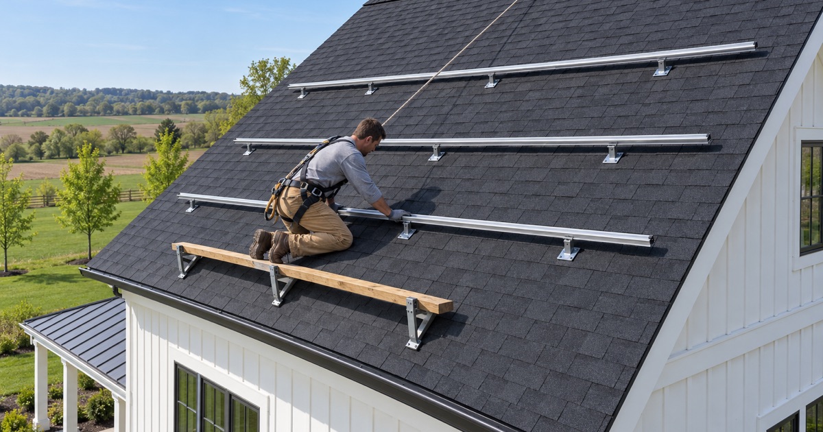 Mounting rails fixed across a newly replaced roof in East Brandywine before any solar panels go on.