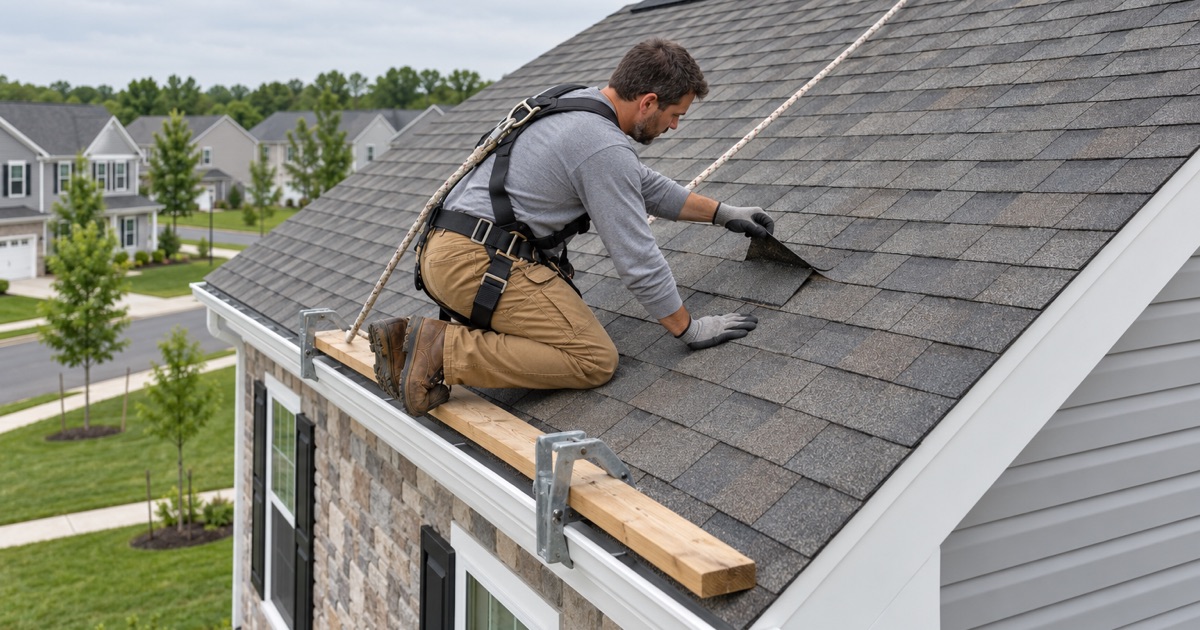 A roofer checking a lifted shingle tab on the nearly new roof of a recent house in East Greenwich, New Jersey.
