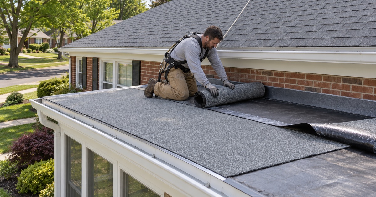 A self-adhered cap sheet being rolled onto the flat porch roof of a 1950s ranch in East Norriton, no torch needed.