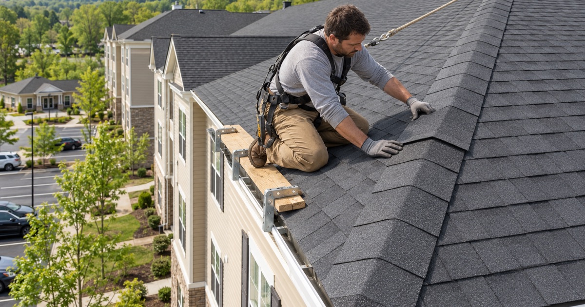 A roofer laying hip shingles on the long roof of a four-story apartment building in East Whiteland Township.