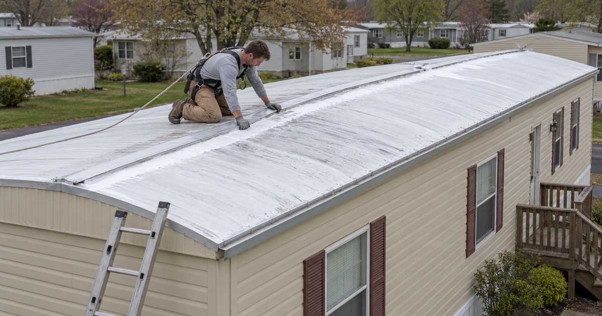 A roofer sealing the seam cap on the white metal roof of a 1970s single-wide manufactured home in Lower Pottsgrove.