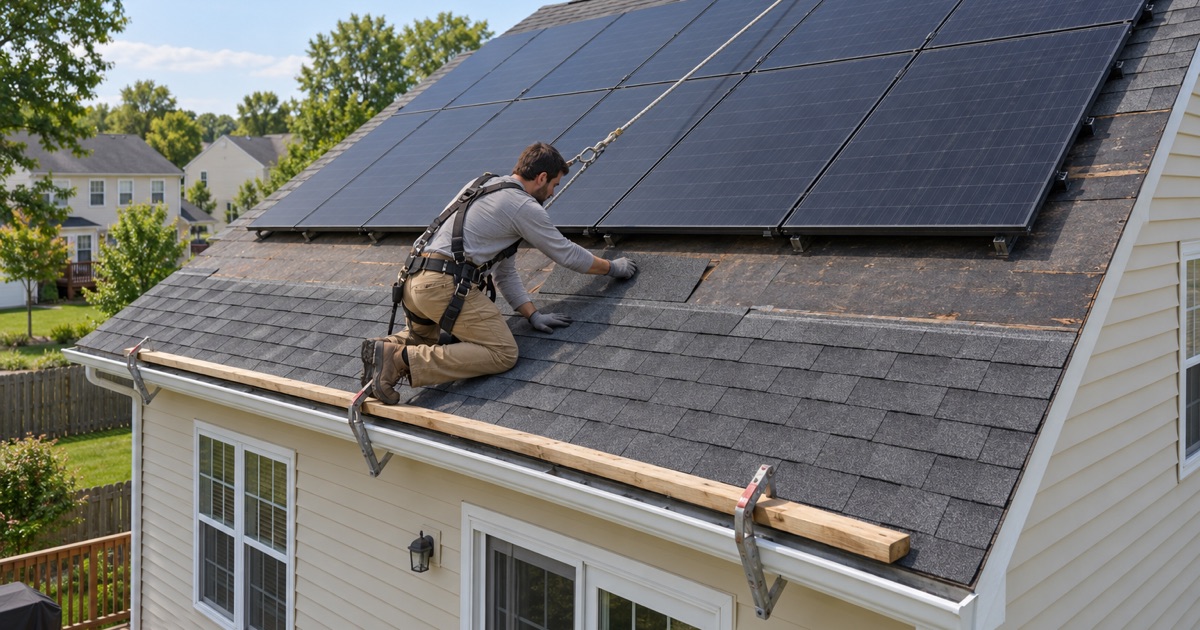 New shingles being set below an existing solar array on the rear roof of a colonial in Mantua, New Jersey.