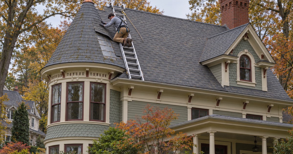 A roofer lifting an asphalt shingle to show the old slate beneath it beside the turret of a Victorian house in Wallingford.
