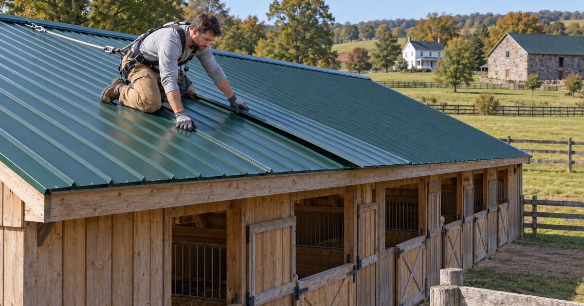 New ribbed steel panels going onto the low gable roof of a horse stable on a preserved farm in New Hanover Township.