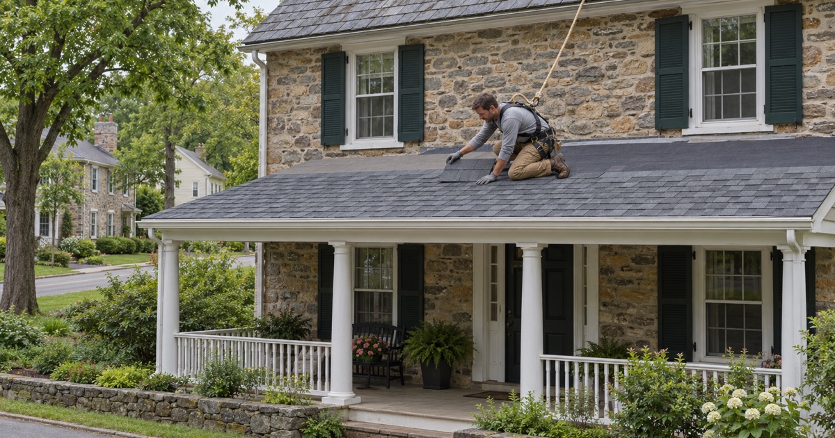 A new asphalt shingle roof going onto the front porch of an old stone house on the pike in Plymouth Township.
