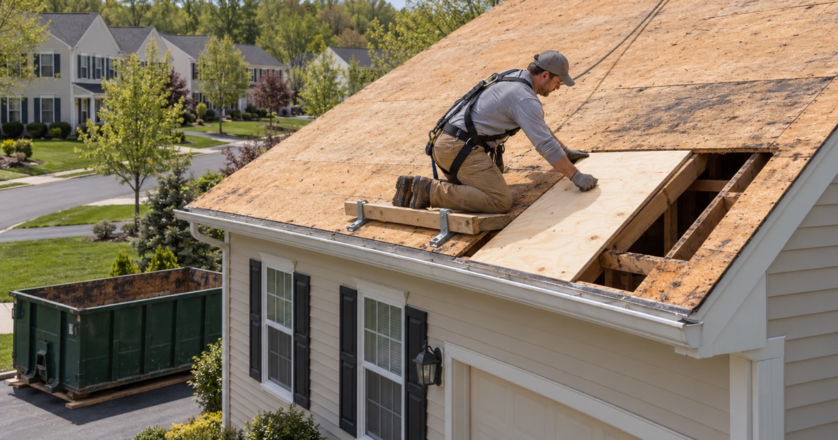 A roofer laying a new plywood sheet over rotten sheathing on a Skippack colonial, the dumpster on the driveway, not the street.