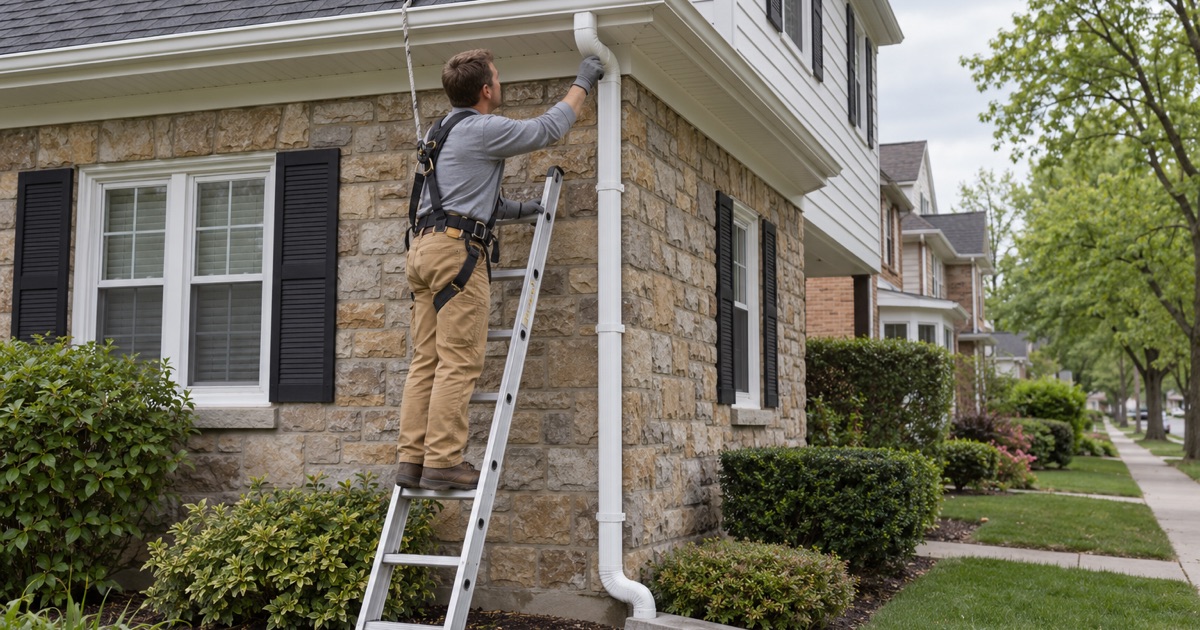 A new leader pipe on an older stone-front house in Boothwyn, Upper Chichester, where drainage is a known problem