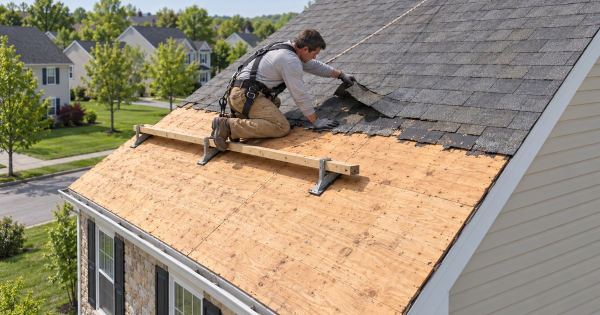 The original builder shingles coming off a 2000s house in Upper Uwchlan for its first roof replacement