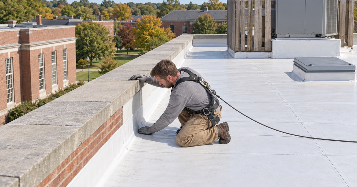 Rooftop equipment screened on the flat roof of a large brick institutional building in Westtown, as the township’s review asks
