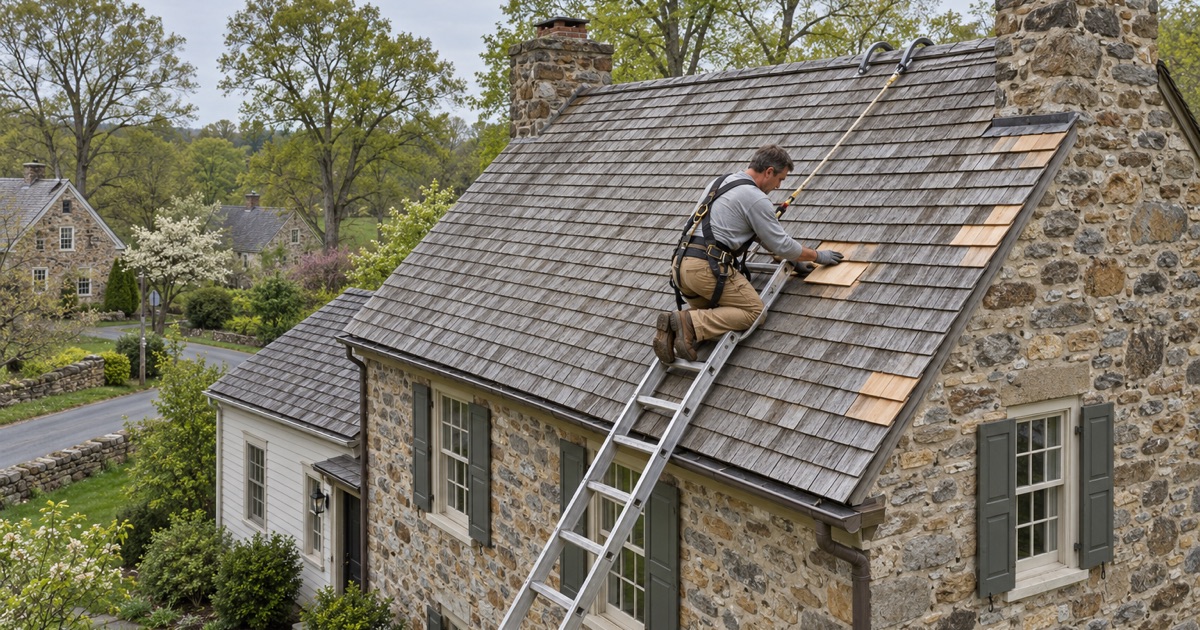 A roofer slipping a new cedar shingle into the old roof of a stone village house in Willistown Township.