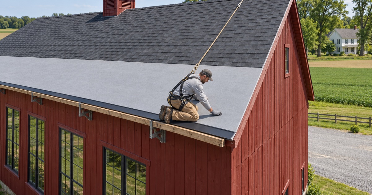 A new drip edge going along the eave of a big old barn converted to an event hall on a preserved farm in Woolwich, New Jersey.