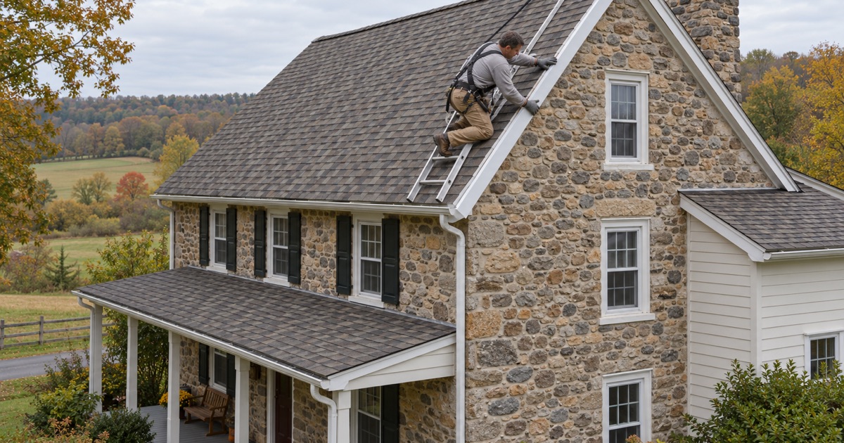 A roofer fitting gable trim on the re-roofed fieldstone farmhouse of an older Worcester property beside preserved fields.