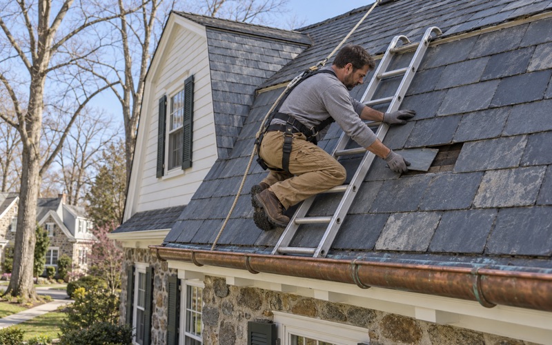 A replacement slate going into the steep lower slope of a Dutch Colonial gambrel roof in Haverford Township.
