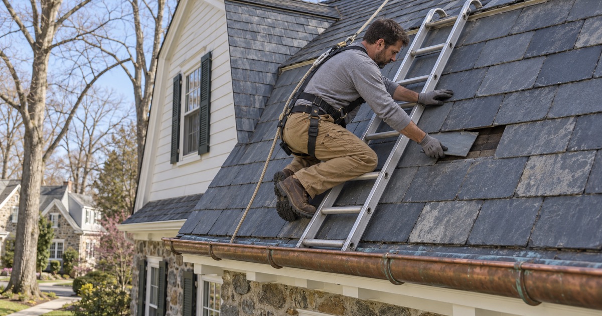 A replacement slate going into the steep lower slope of a Dutch Colonial gambrel roof in Haverford Township.